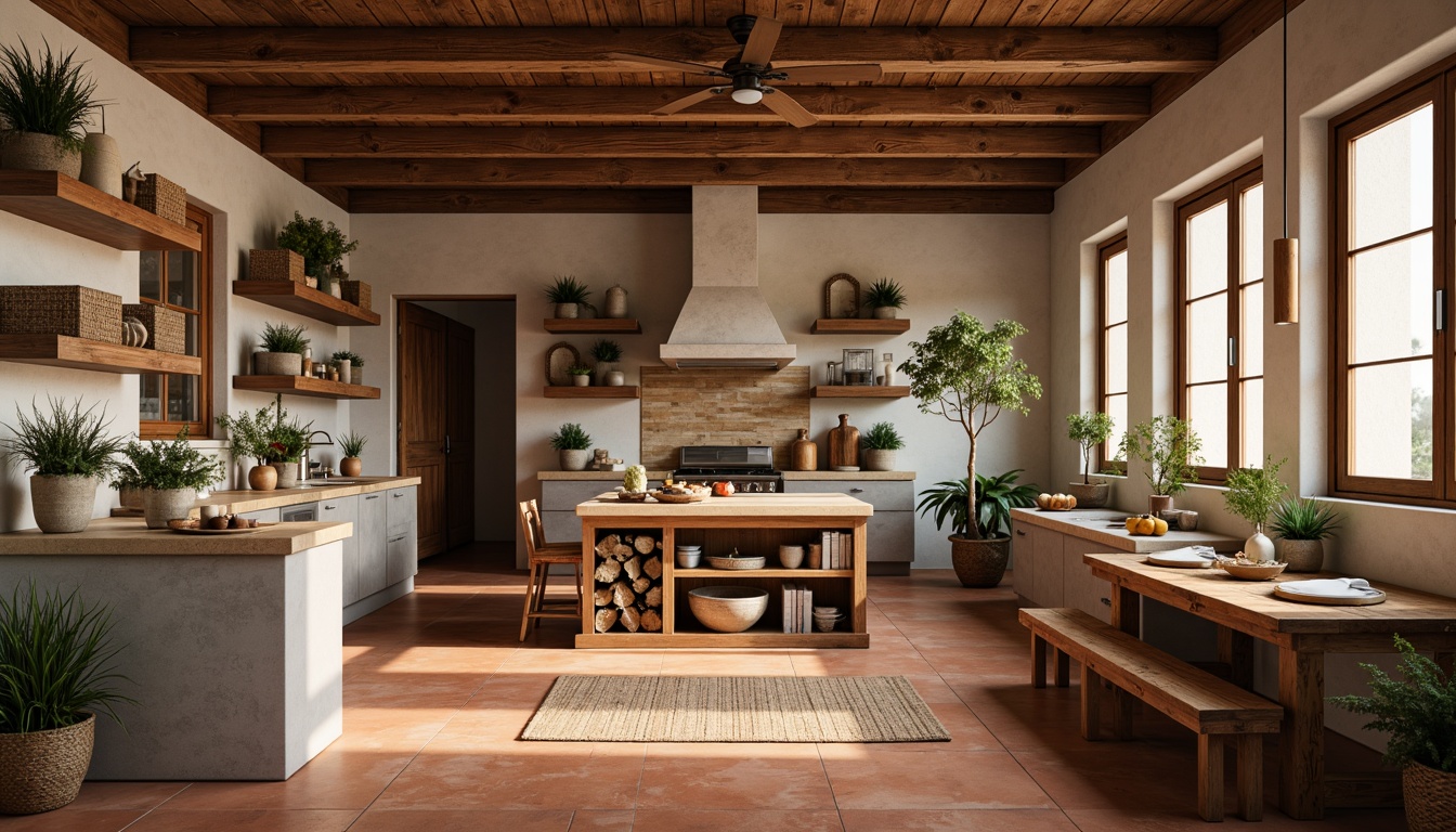 Prompt: Rustic kitchen, warm earthy tones, wooden cabinetry, natural stone countertops, terracotta flooring, distressed wood planks, reclaimed barnwood accents, woven baskets, potted greenery, soft warm lighting, cozy atmosphere, traditional design, farmhouse style, classic simplicity, honed concrete surfaces, matte finish, organic textures, shallow depth of field, 2/3 composition.