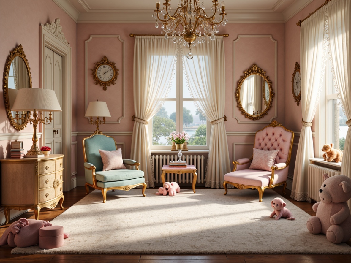 Prompt: Whimsical kids' room, luxurious Rococo style, ornate furniture, gilded frames, velvet upholstery, crystal chandeliers, soft pastel colors, delicate lace curtains, fluffy carpets, intricate carvings, playful toy boxes, tiny throne chairs, dainty desks, elegant mirrors, lavish drapery, golden accents, warm ambient lighting, shallow depth of field, 1/2 composition, cozy atmosphere, realistic textures, subtle animations.