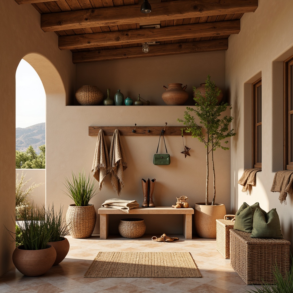 Prompt: Southwestern mudroom, earthy tones, natural textures, woven baskets, vintage boots, rustic wood accents, turquoise decorative accents, woven blankets, clay pottery, pampas grass, warm beige walls, wooden bench seating, woven storage bins, rattan furniture, desert landscape views, soft warm lighting, shallow depth of field, 3/4 composition, realistic textures, ambient occlusion.