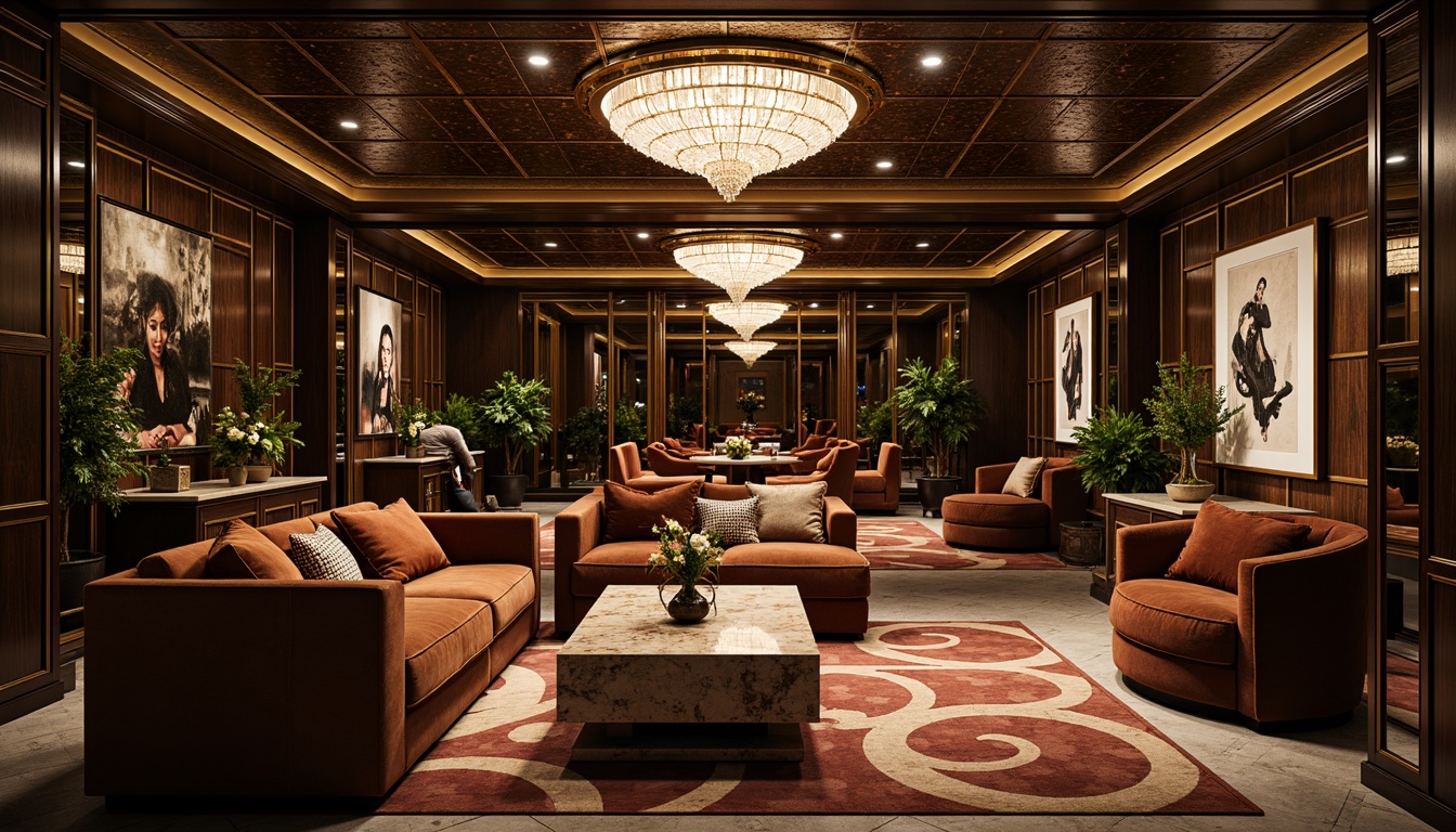 Prompt: Luxurious basement, art deco style, ornate metalwork, geometric patterns, velvet sofas, marble coffee tables, crystal chandeliers, rich wood paneling, metallic accents, curved lines, opulent textiles, glamorous ambiance, low-key lighting, 3/4 composition, cinematic view, realistic reflections, ambient occlusion.