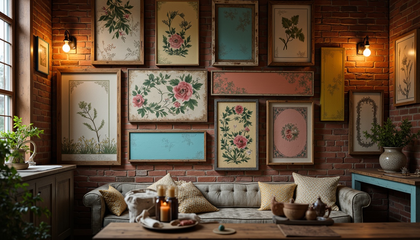 Prompt: Distressed wooden signs, vintage floral patterns, rustic metal frames, soft pastel colors, lace textures, peeling paint effects, worn brick walls, antique furniture pieces, ornate mirrors, candlelit ambiance, warm golden lighting, shallow depth of field, 1/1 composition, realistic wood grain, ambient occlusion.