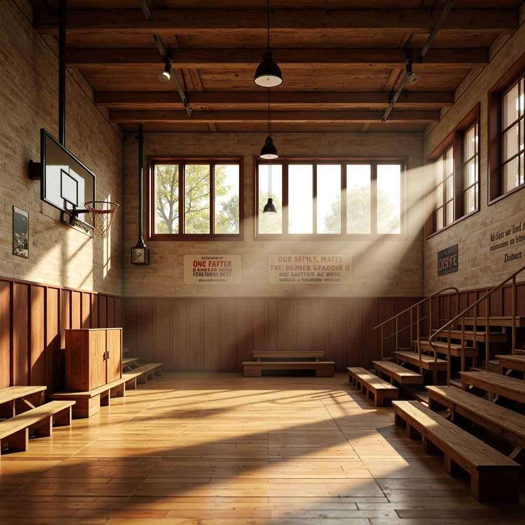 Prompt: Warm gymnasium atmosphere, rustic wooden flooring, distressed brick walls, vintage sports equipment, nostalgic locker rooms, soft warm lighting, dramatic spotlights, subtle ambient occlusion, realistic textures, 1/1 composition, shallow depth of field, cinematic camera angles, naturalistic color palette, earthy tones, warm beige hues, rich wood accents, classic athletic decor, motivational quotes, inspirational banners, wooden bleachers, polished metal railings, sunny day, gentle shadows, soft focus, atmospheric fog.