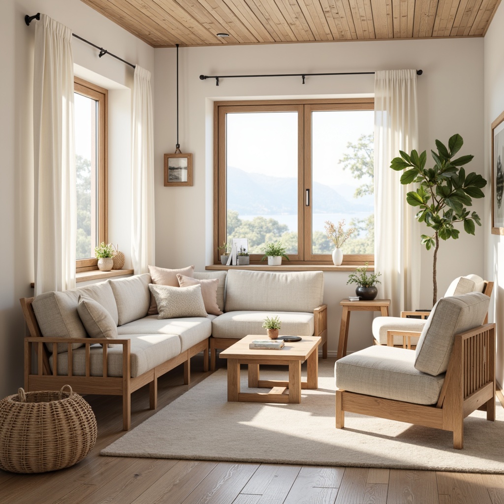 Prompt: Light-filled Nordic living room, minimalist wooden furniture, soft beige upholstery, natural oak tables, ergonomic chairs, woven textiles, creamy white walls, large windows, cozy reading nooks, warm ambient lighting, 1/1 composition, realistic wood grains, subtle shadows, calm atmosphere, functional simplicity, organic shapes, earthy color palette, soft pastel accents, comfortable plush cushions.