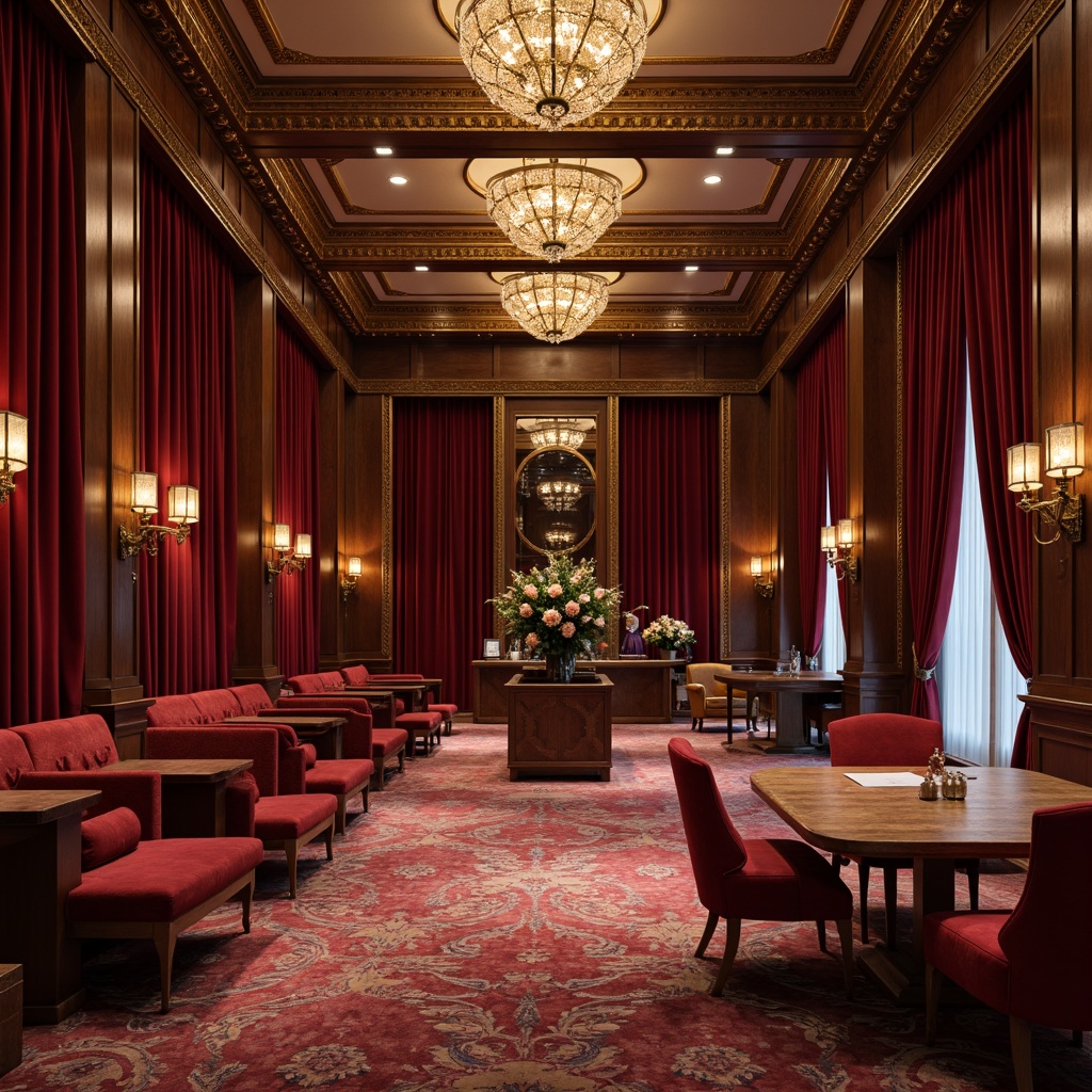 Prompt: Luxurious velvet curtains, ornate golden trimmings, polished wooden flooring, majestic chandeliers, plush red seats, sophisticated soundproofing systems, acoustic panels, rich burgundy carpets, elegant wall sconces, refined stainless steel handrails, lavish marble columns, dramatic high ceilings, soft warm lighting, 1/1 composition, symmetrical layout, realistic reflections, ambient occlusion.