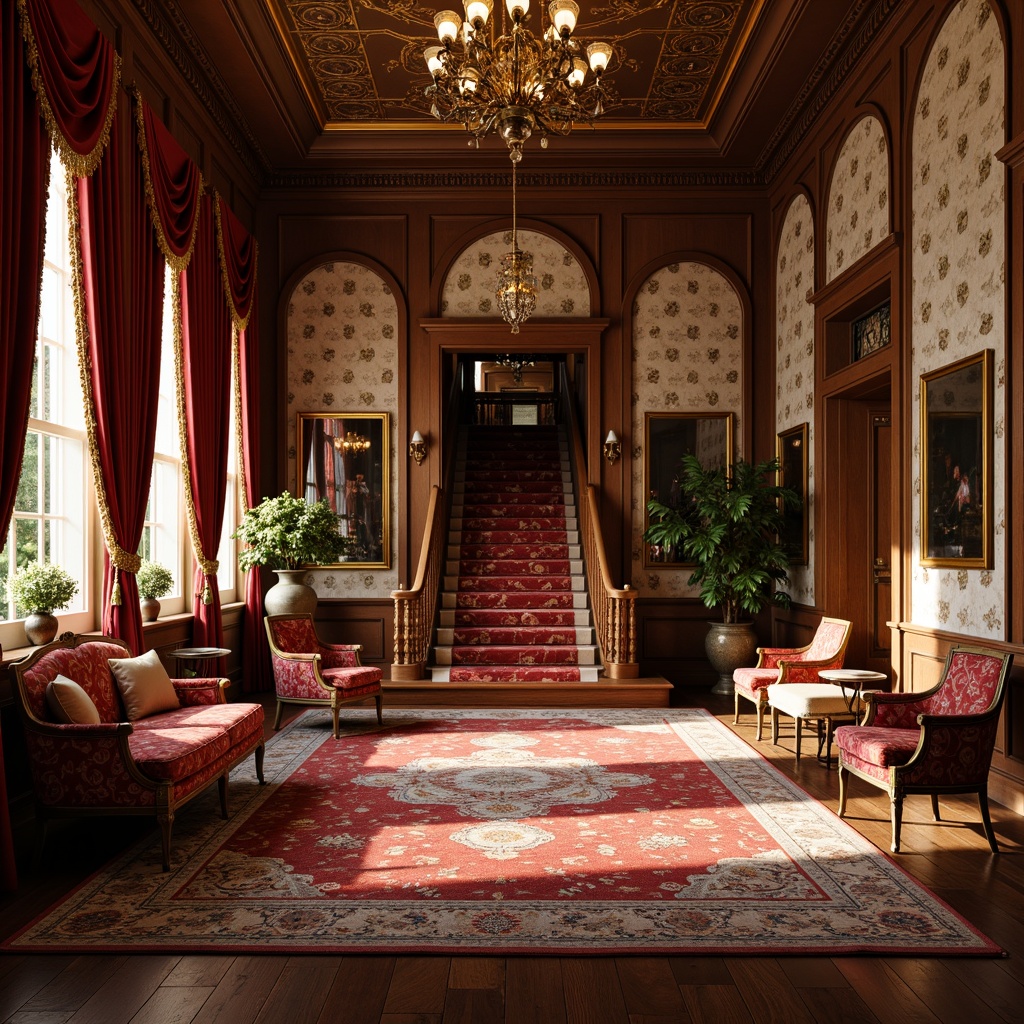 Prompt: Richly patterned rugs, ornate wooden flooring, intricately carved furniture, luxurious velvet fabrics, heavy drapery with tassel trim, opulent chandeliers, grand staircases, ornamental ceiling medallions, gilded mirrors, antique vases, lavish wall tapestries, warm golden lighting, soft focus, shallow depth of field, 1/1 composition, realistic textures, ambient occlusion.