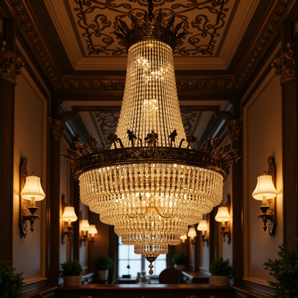 Prompt: Luxurious chandelier, crystal droplets, metallic accents, ornate fixtures, geometric patterns, opulent sconces, vintage bronze finish, lavish pendant lights, intricate details, ornamental lamps, glamorous ambient lighting, warm golden glow, 1920s-inspired design, elegant lines, luxurious materials, high-end decorative elements, refined metalwork, sophisticated illumination, majestic ceiling fixture, stunning visual centerpiece, dramatic shading, low-key lighting, cinematic atmosphere.