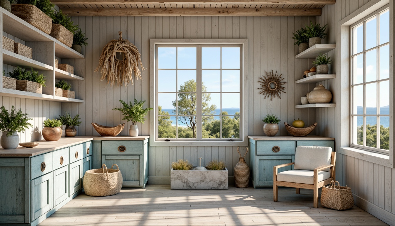 Prompt: Coastal storage room, driftwood shelving units, natural wood textures, woven wicker baskets, ocean-inspired color palette, soft blue hues, calming whites, weathered wood accents, nautical rope details, porthole windows, rustic metal hardware, distressed finishes, open shelving for decorative items, ample storage space, serene atmosphere, warm sunlight filtering through, shallow depth of field, 3/4 composition, realistic textures, ambient occlusion.