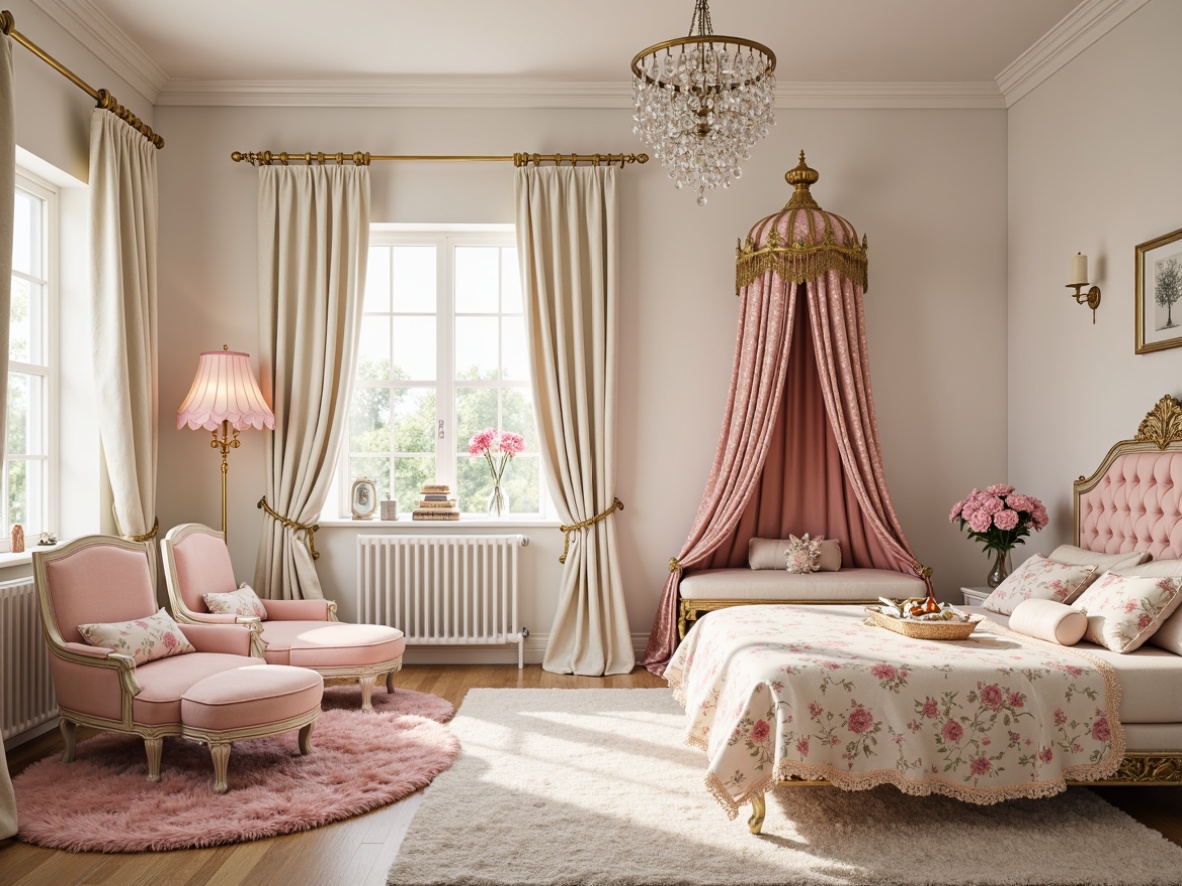 Prompt: Whimsical kids' room, soft pastel colors, ornate Rococo furniture, plush velvet fabrics, intricate golden patterns, delicate lace trims, fluffy area rugs, creamy white walls, ornamental mirrors, lavish crystal chandeliers, tender flower motifs, playful polka dots, rich brocade textiles, opulent tassels, elegant canopy beds, dreamy soft lighting, shallow depth of field, 1/1 composition, intimate atmosphere, realistic textures, ambient occlusion.