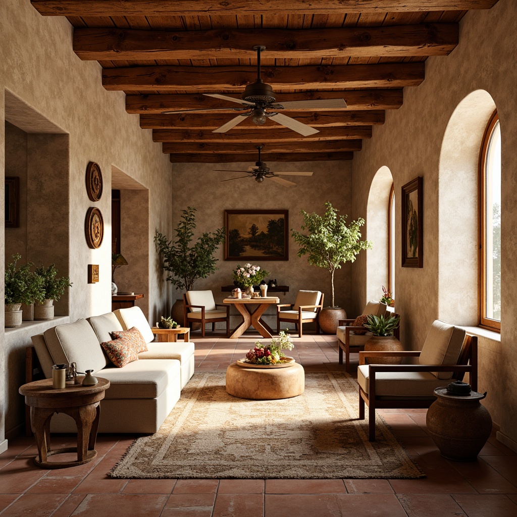 Prompt: Warm Mediterranean apartment, rustic terracotta tiles, natural stone flooring, earthy color palette, wooden accents, distressed finishes, ornate ceramic details, soft warm lighting, shallow depth of field, 1/1 composition, realistic textures, ambient occlusion, cozy living spaces, intimate dining areas, plush area rugs, woven textiles, ornate metalwork, vintage decorative elements.