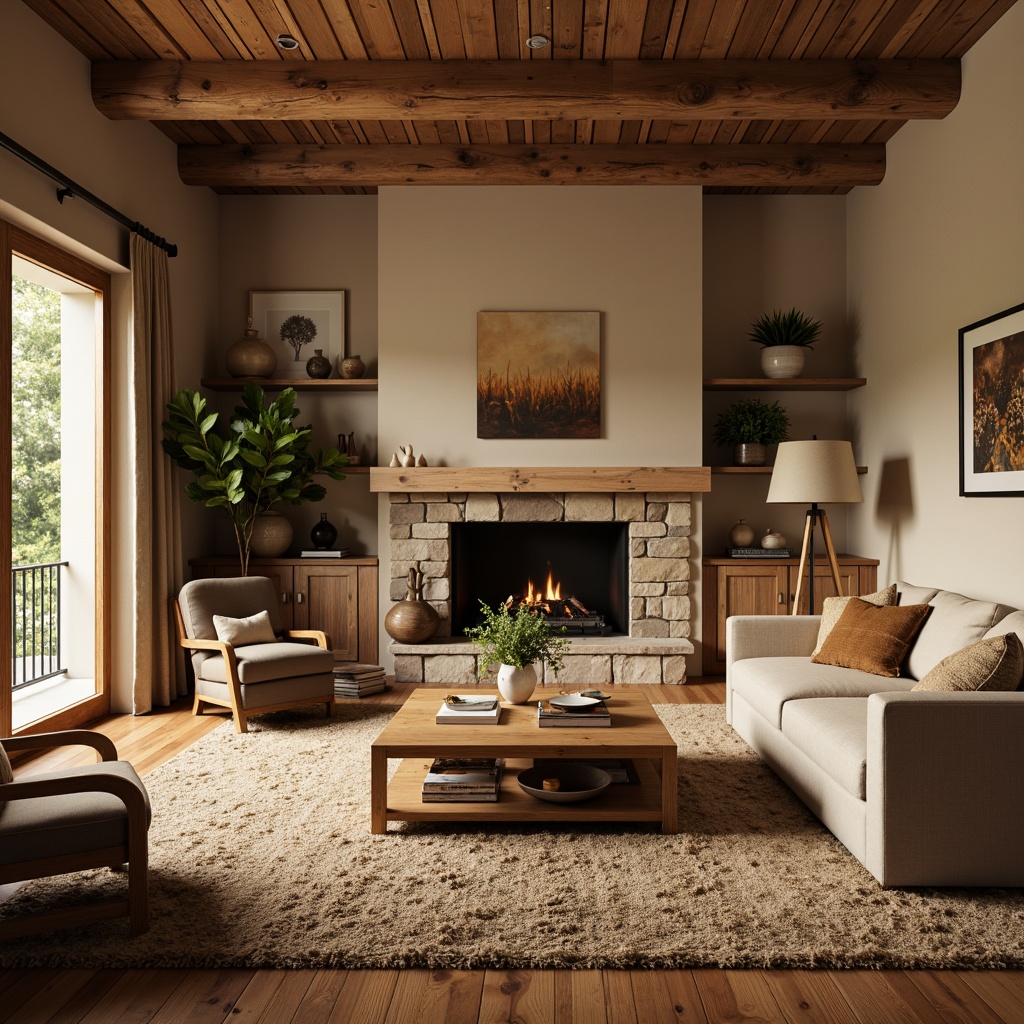 Prompt: Cozy living room, warm beige walls, rich wood flooring, plush area rugs, comfortable sofas, accent chairs, textured throw blankets, natural stone fireplace, ambient warm lighting, shallow depth of field, 1/1 composition, realistic fabrics, rustic wood accents, earthy color palette, inviting atmosphere, soft focus, morning sunlight.