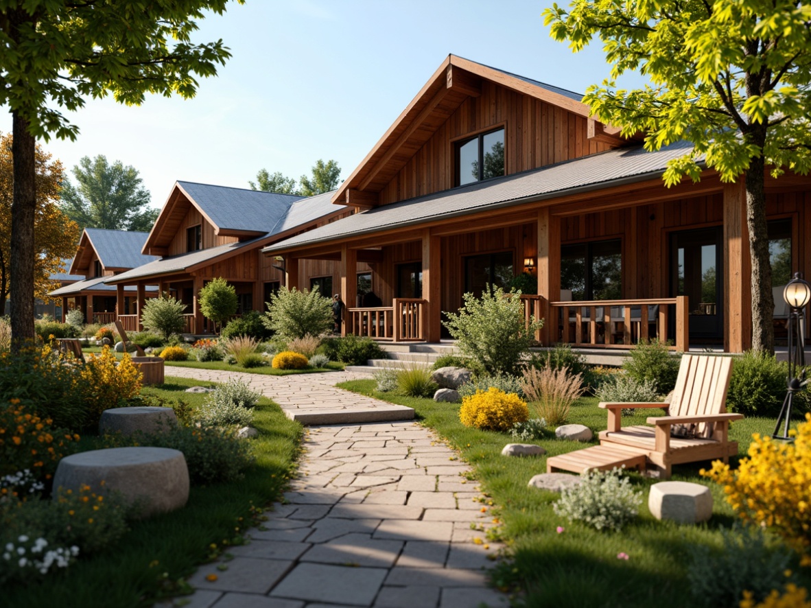 Prompt: Vibrant pavilion farmhouse, rustic wooden accents, lush greenery, blooming wildflowers, warm earthy tones, natural stone pathways, distressed metal roofs, vintage farm equipment, cozy outdoor seating areas, lantern-inspired lighting, soft warm sunlight, shallow depth of field, 1/2 composition, cinematic view, realistic textures, ambient occlusion.