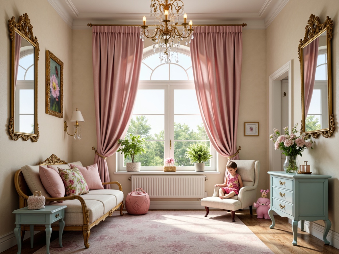 Prompt: Whimsical kids' room, soft creamy walls, pastel pink accents, pale blue furnishings, golden ornate frames, intricate Baroque patterns, delicate florals, playful cherub figurines, lush greenery, velvet drapes, crystal chandeliers, warm candlelight, shallow depth of field, 1/1 composition, romantic atmosphere, luxurious textiles, ornate mirrors.