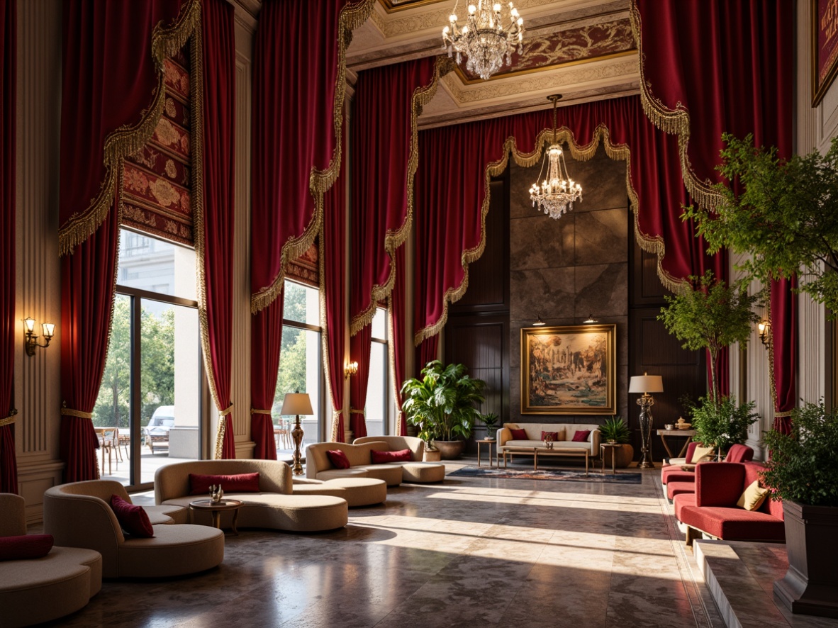 Prompt: Luxurious velvet drapes, intricate brocade patterns, rich silk fabrics, ornate gold embroidery, tufted upholstery, carved wooden accents, grand chandeliers, crystal droplets, frescoed ceilings, marble flooring, neoclassical columns, soft warm lighting, shallow depth of field, 1/1 composition, realistic textures, ambient occlusion, intimate gathering spaces, community-focused design, elegant furnishings, sophisticated color palette.