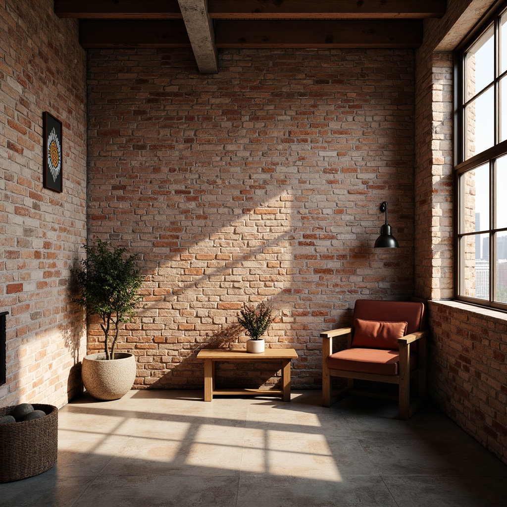 Prompt: Rustic brick walls, textured surfaces, earthy tones, worn edges, vintage mortar lines, rugged stonework, distressed finishes, industrial chic aesthetic, urban loft atmosphere, natural light pouring in, shallow depth of field, 1/1 composition, realistic renderings, ambient occlusion, warm color palette, cozy ambiance.