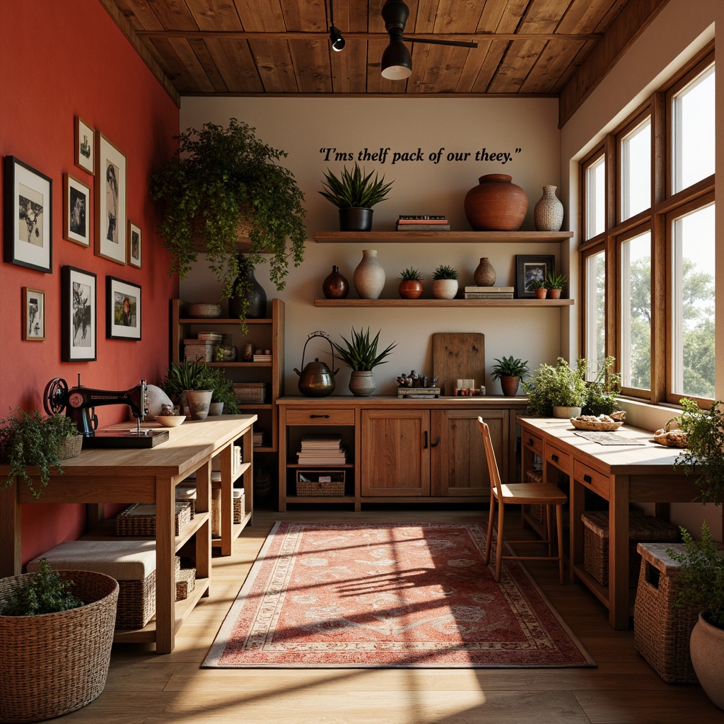 Prompt: Cozy craft room, rich copper accents, bold red hues, natural wood textures, earthy terracotta pots, woven baskets, vintage sewing machines, rustic wooden tables, distressed metal lanterns, warm task lighting, soft beige walls, plush area rugs, eclectic decorative objects, organized storage shelves, inspirational quote decals, creative workspace, warm inviting atmosphere, shallow depth of field, 1/2 composition, realistic textures.