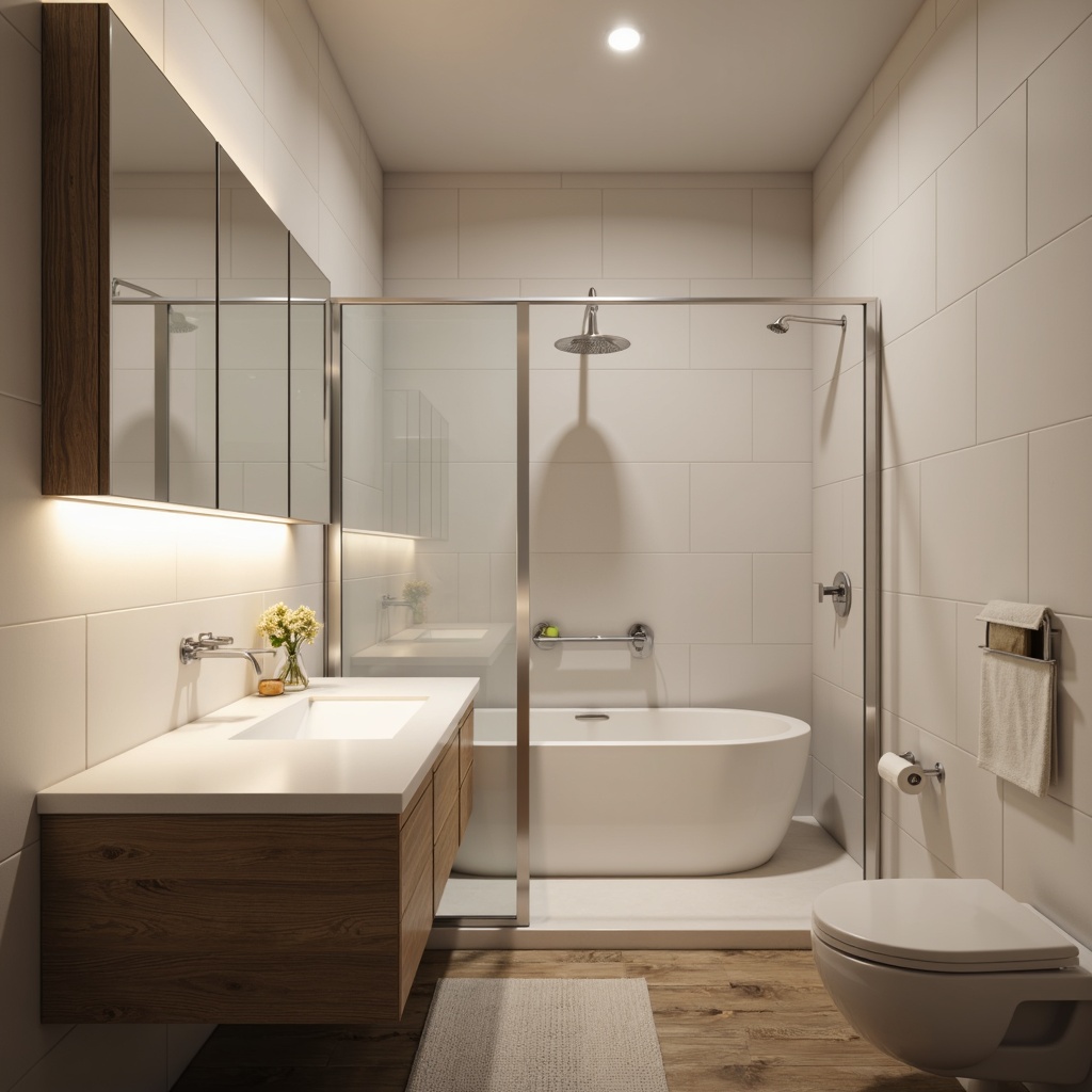 Prompt: Modern bathroom, sleek fixtures, wall-mounted sink, minimalist design, polished chrome accents, LED lighting, warm white tones, large mirrors, freestanding tub, rainfall showerhead, glass enclosure, natural stone flooring, heated floors, ambient illumination, shallow depth of field, 1/1 composition, realistic textures, soft focus blur.