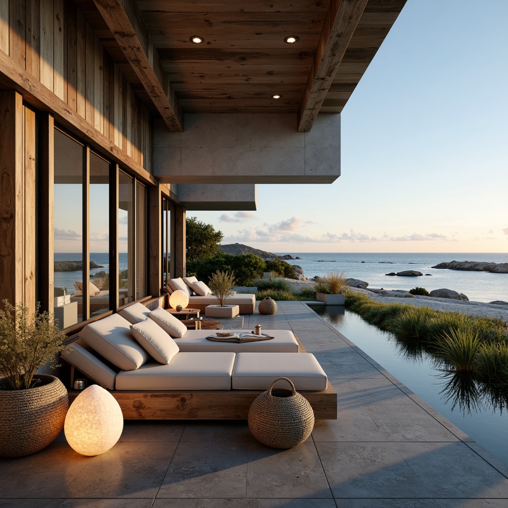 Prompt: Soft warm beach lighting, gentle ocean breeze, seaside villa, modern coastal architecture, large windows, sliding glass doors, wooden decks, nautical ropes, driftwood accents, sea-salt weathered wood, calming blue-green color palette, ocean-inspired textiles, shell-shaped decorative elements, pendant lanterns, warm LED floor lamps, cozy reading nooks, beachy ambiance, natural stone flooring, woven sea grass baskets, subtle wave patterns, morning sunlight, soft focus, 1/2 composition, atmospheric perspective.