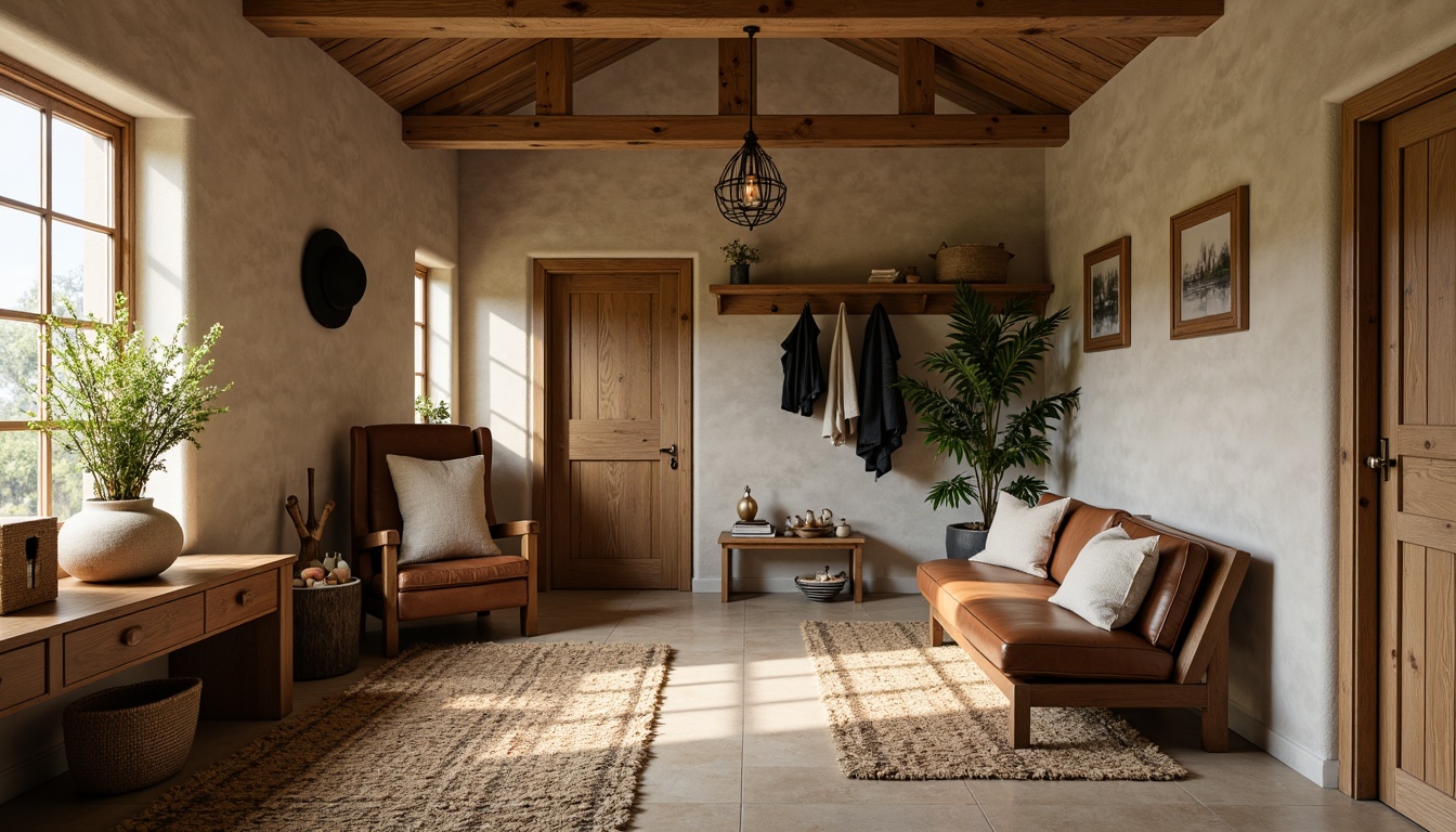 Prompt: Rustic mudroom, earthy tones, warm beige walls, natural wood accents, rich brown leather furniture, woven jute rugs, distressed metal decor, vintage outdoor gear, soft warm lighting, cozy atmosphere, natural textures, organic shapes, muted color palette, earth-inspired hues, nature-infused design, calming ambiance, serene escape.