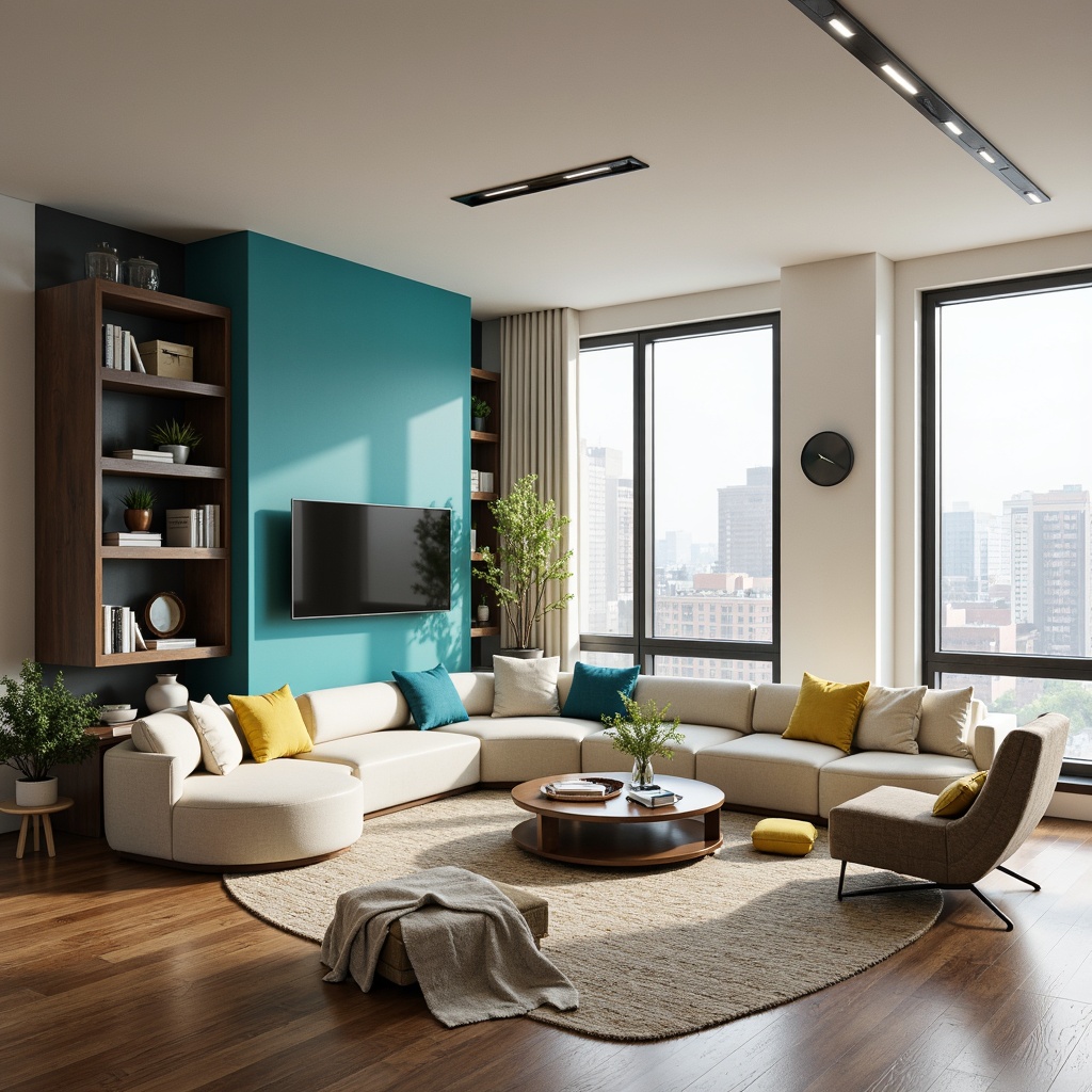 Prompt: Modern living room, sleek lines, minimal ornamentation, neutral color palette, creamy whites, warm beiges, rich charcoal grays, bold accent walls, vibrant turquoise blues, sunny yellow hues, natural wood flooring, plush area rugs, cozy throw blankets, industrial metal lighting fixtures, floor-to-ceiling windows, urban city views, softbox lighting, shallow depth of field, 1/1 composition, realistic textures, ambient occlusion.