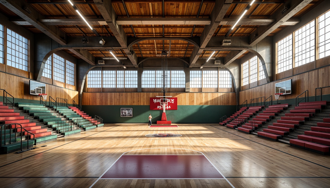 Prompt: Rustic gymnasium interior, wooden flooring, distressed finishes, sports equipment, basketball hoops, bleachers, athletic tracks, vibrant team colors, natural light pouring in, large windows, industrial metal beams, exposed ductwork, polished concrete walls, dynamic LED lighting, shallow depth of field, 1/2 composition, realistic textures, ambient occlusion.