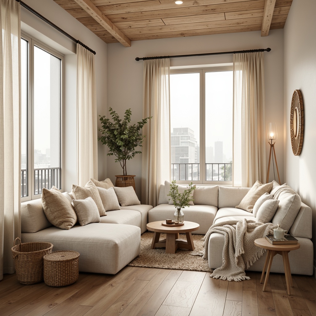 Prompt: Cozy living room, soft warm lighting, natural wood accents, minimalist decor, creamy whites, gentle beige tones, subtle pastel hues, Nordic-inspired furniture, sleek low-profile sofas, chunky knit throws, woven baskets, pendant lamps, floor-to-ceiling windows, sheer curtains, diffuse daylight, warm ambient glow, 1/1 composition, shallow depth of field, realistic textures.