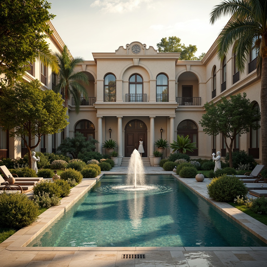 Prompt: Elegant pool surroundings, ornate fountains, grand statues, lush greenery, warm golden lighting, soft water reflections, subtle mist effects, afternoon sunbeams, shallow depth of field, symmetrical composition, classic columns, marble floors, intricately carved stone walls, ornamental railings, lavish water features, dramatic spotlights, ambient occlusion.