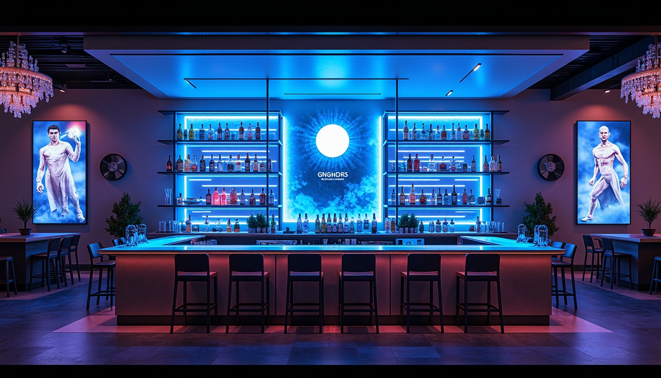 Prompt: Neon-lit futuristic bar, sleek metal counter, holographic displays, levitating liquor shelves, cyberpunk-inspired lighting fixtures, glowing blue LED strips, fiber-optic chandeliers, iridescent glass pendant lights, minimalist design, high-gloss finishes, metallic accents, atmospheric fog machines, strobe lights, DJ booths, laser-cut decorations, futuristic cocktails, neon signs, retro-futuristic vibe, low-key ambient lighting, dramatic spotlights, 3/4 composition, cinematic mood.