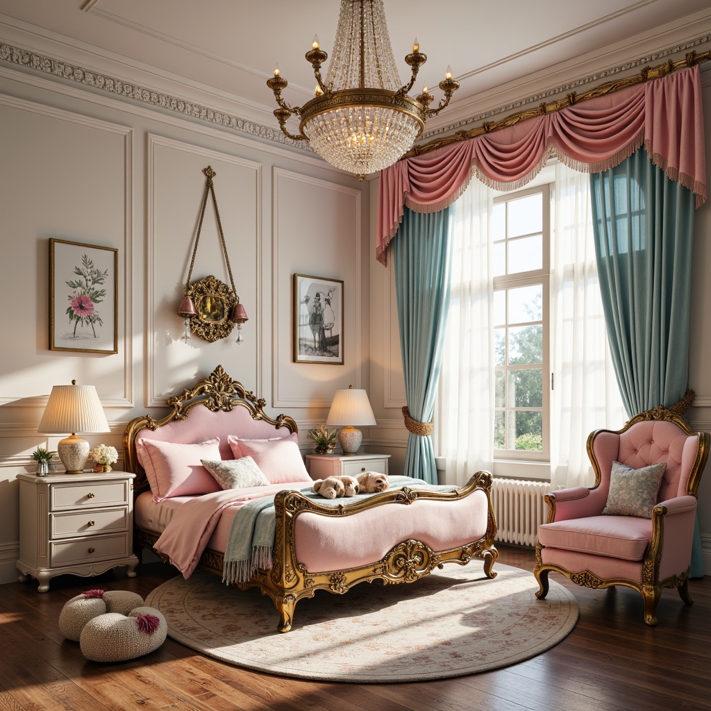 Prompt: Whimsical kids' bedroom, ornate Rococo style furniture, golden filigree accents, soft pink and blue hues, plush velvet fabrics, delicate lace curtains, intricately carved wooden decorations, sparkling crystal chandeliers, creamy white walls, richly patterned rugs, playful toy chests, antique-inspired accessories, gentle warm lighting, shallow depth of field, 1/1 composition, detailed textures, subtle ambient occlusion.