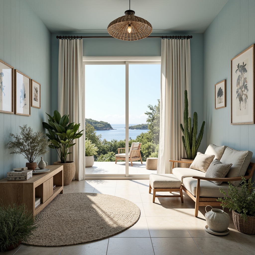 Prompt: Calming coastal storage room, soft blue walls, crisp white trim, warm beige floors, natural wood accents, ocean-inspired decorative items, subtle nautical themes, refreshing sea breeze, ample natural light, sliding glass doors, serene outdoor views, lush greenery, driftwood furniture, woven textiles, shells and pebbles decor, gentle wave patterns, soothing color scheme, 1/2 composition, warm soft lighting, realistic textures.