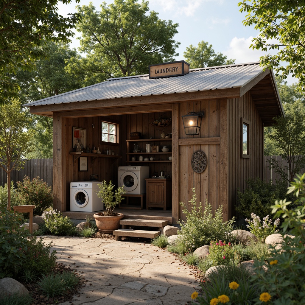 Prompt: Rustic laundry shed, wooden clapboard siding, corrugated metal roofs, vintage washing machines, wooden clotheslines, natural stone foundations, earthy color palette, distressed wood accents, nostalgic signage, weathered metal decorations, overgrown gardens, lush greenery, warm soft lighting, shallow depth of field, 3/4 composition, rustic textures, ambient occlusion.