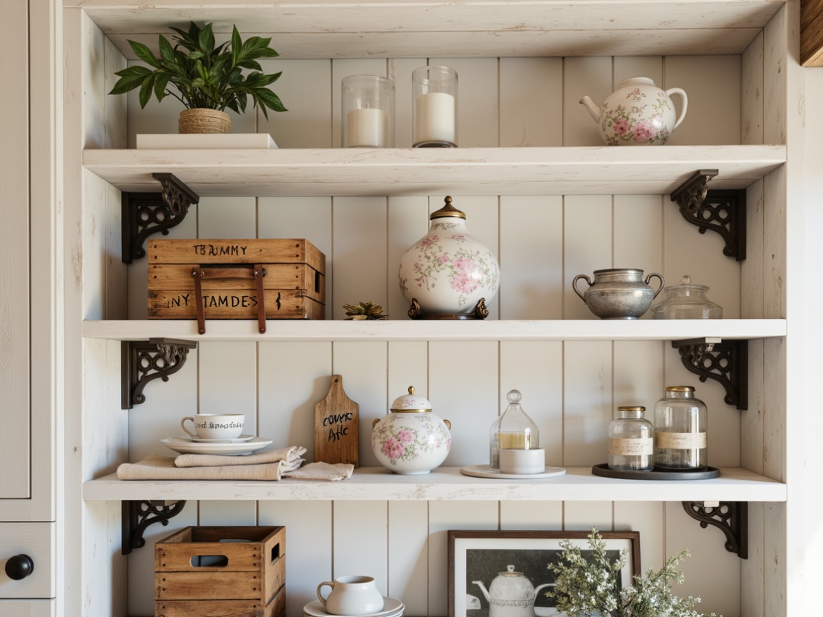 Prompt: Distressed wooden shelves, vintage metal brackets, soft pastel colors, delicate lace trim, ornate corbels, rustic wooden crates, worn leather straps, distressed finishes, feminine floral patterns, delicate porcelain vases, antique mercury glass containers, creamy whites, warm beige tones, natural textiles, soft candlelight, shallow depth of field, 1/1 composition, realistic textures, ambient occlusion.