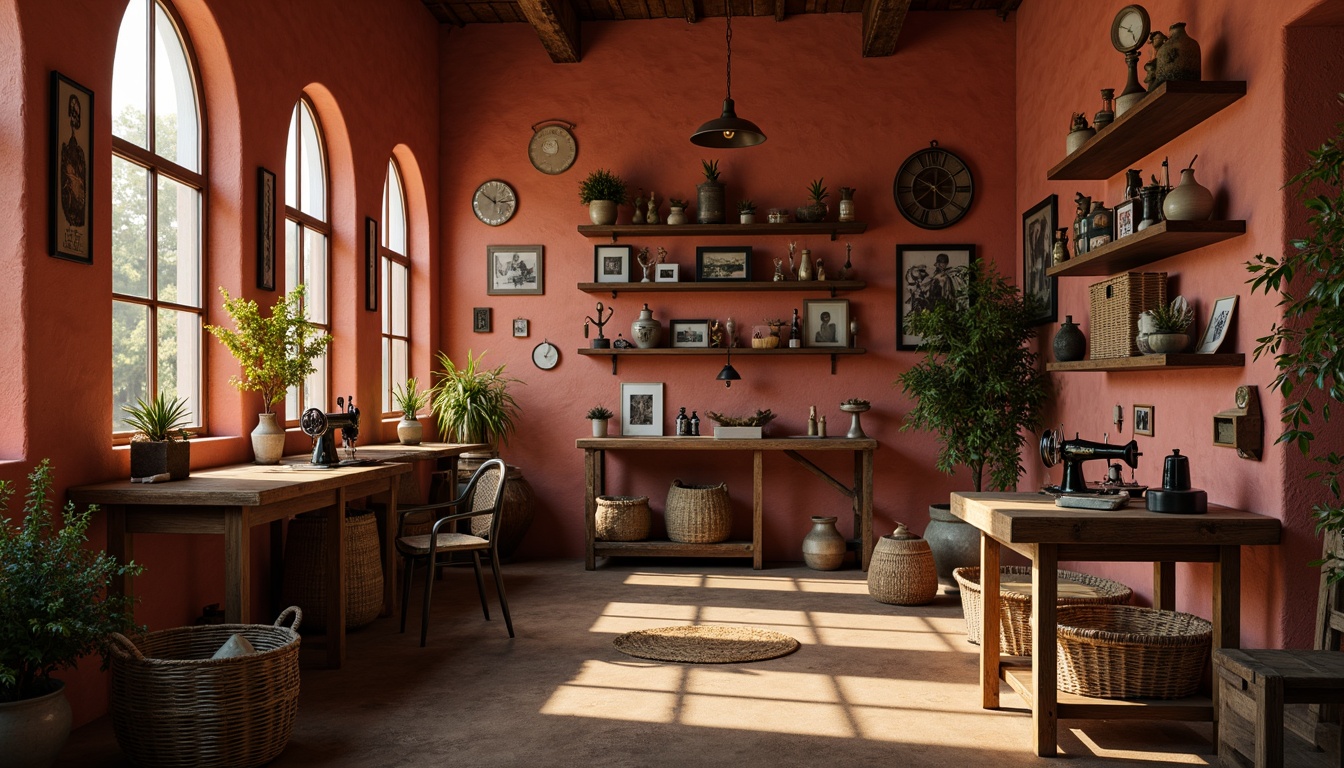 Prompt: Cozy craft room, warm copper tones, rich red accents, earthy terracotta walls, wooden workbenches, rustic metal lanterns, woven wicker baskets, vintage sewing machines, distressed wood shelves, eclectic decorative items, soft golden lighting, 1/2 composition, intimate atmosphere, realistic textures, subtle shadows.