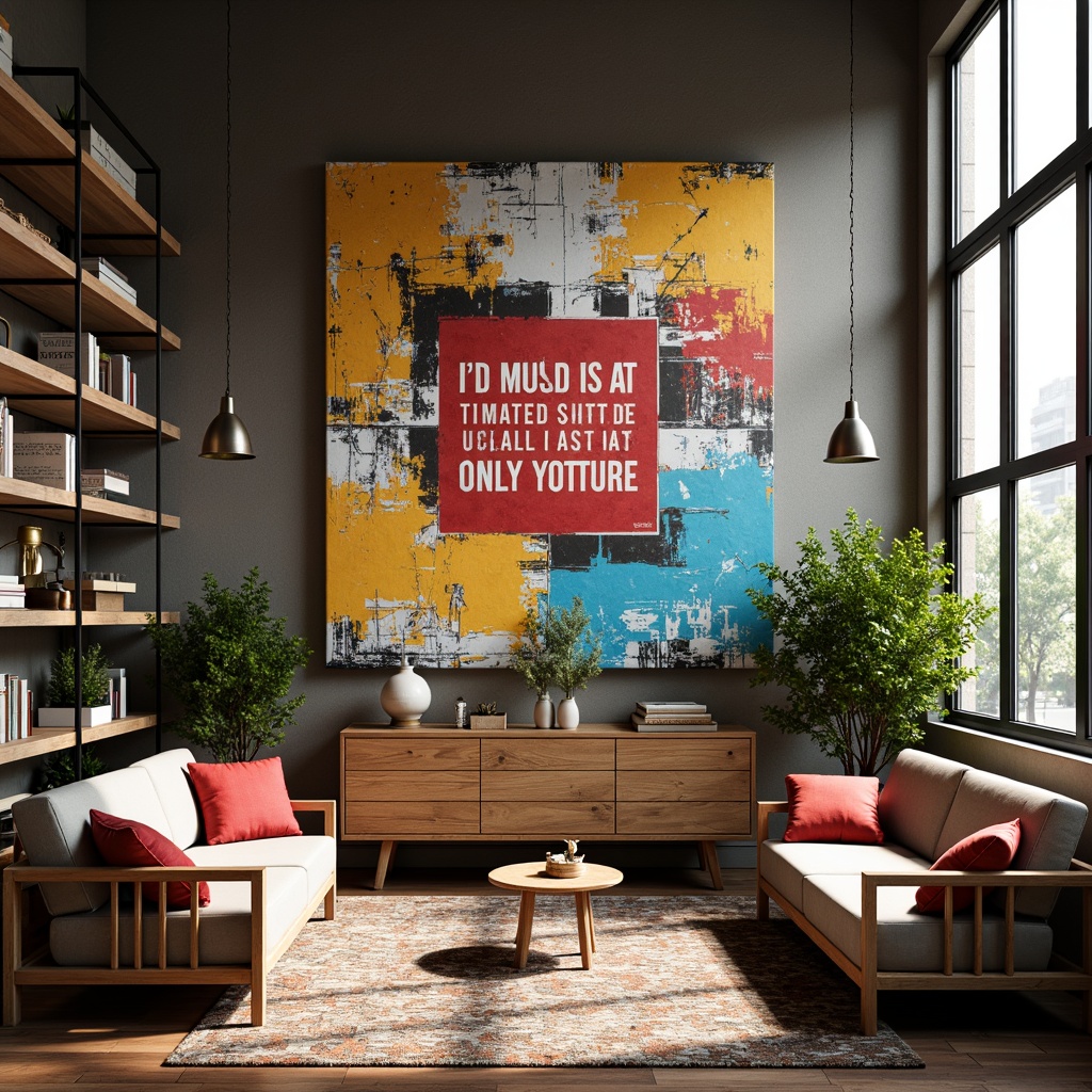 Prompt: Vibrant artistic studio, eclectic furniture, bold color blocks, textured canvas, abstract artwork, inspirational quotes, natural wood accents, industrial metal shelves, cozy reading nook, oversized windows, soft warm lighting, shallow depth of field, 3/4 composition, panoramic view, realistic textures, ambient occlusion.