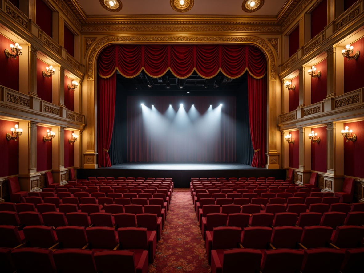 Prompt: Luxurious theater interior, rich velvet curtains, golden lighting fixtures, ornate decorative moldings, plush red seating, majestic stage presence, dramatic spotlights, soft warm glow, 1/2 composition, shallow depth of field, cinematic atmosphere, realistic textures, ambient occlusion.