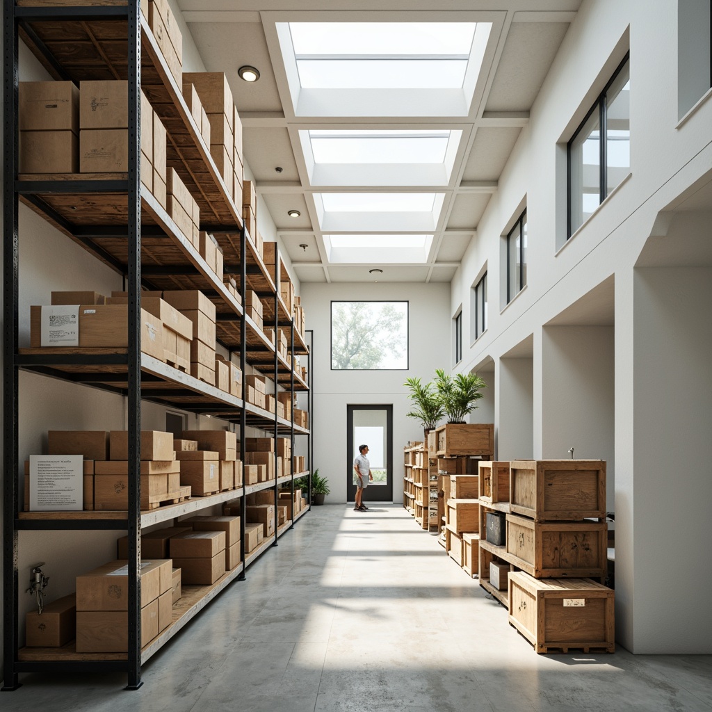 Prompt: Well-lit storage room, ample natural light, skylight windows, white walls, minimalist shelving, polished concrete floors, industrial metal racks, wooden crates, warm beige tones, subtle textures, shallow depth of field, 1/1 composition, softbox lighting, realistic reflections, ambient occlusion.