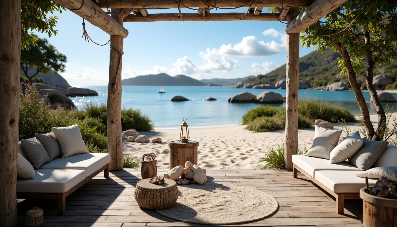 Prompt: Sandy beach, crystal-clear waters, rocky shores, driftwood accents, weathered wooden decks, nautical ropes, seashell decorations, ocean-inspired color palette, calming blue hues, natural textures, rustic wooden furniture, lantern-style lighting, soft warm glow, shallow depth of field, 1/1 composition, panoramic view, realistic water effects, ambient occlusion.