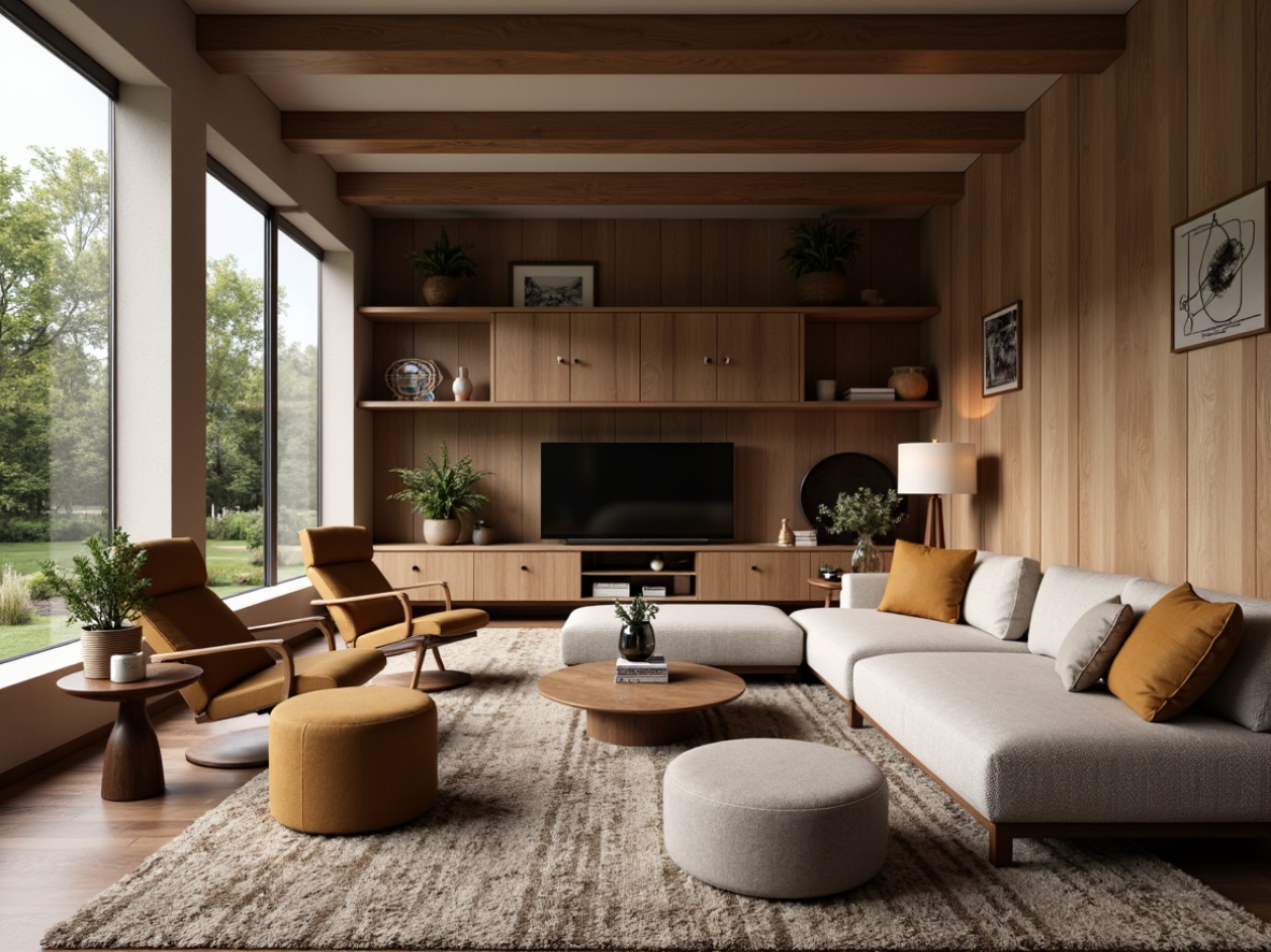 Prompt: Cozy living room, plush sofas, ergonomic chairs, wooden coffee tables, soft cushions, warm lighting, natural fabrics, earthy tones, textured rugs, minimalist decor, functional shelves, hidden storage, sleek TV stands, modern lamps, comfortable Ottomans, relaxing ambiance, calming colors, 1/2 composition, shallow depth of field, warm neutral lighting.