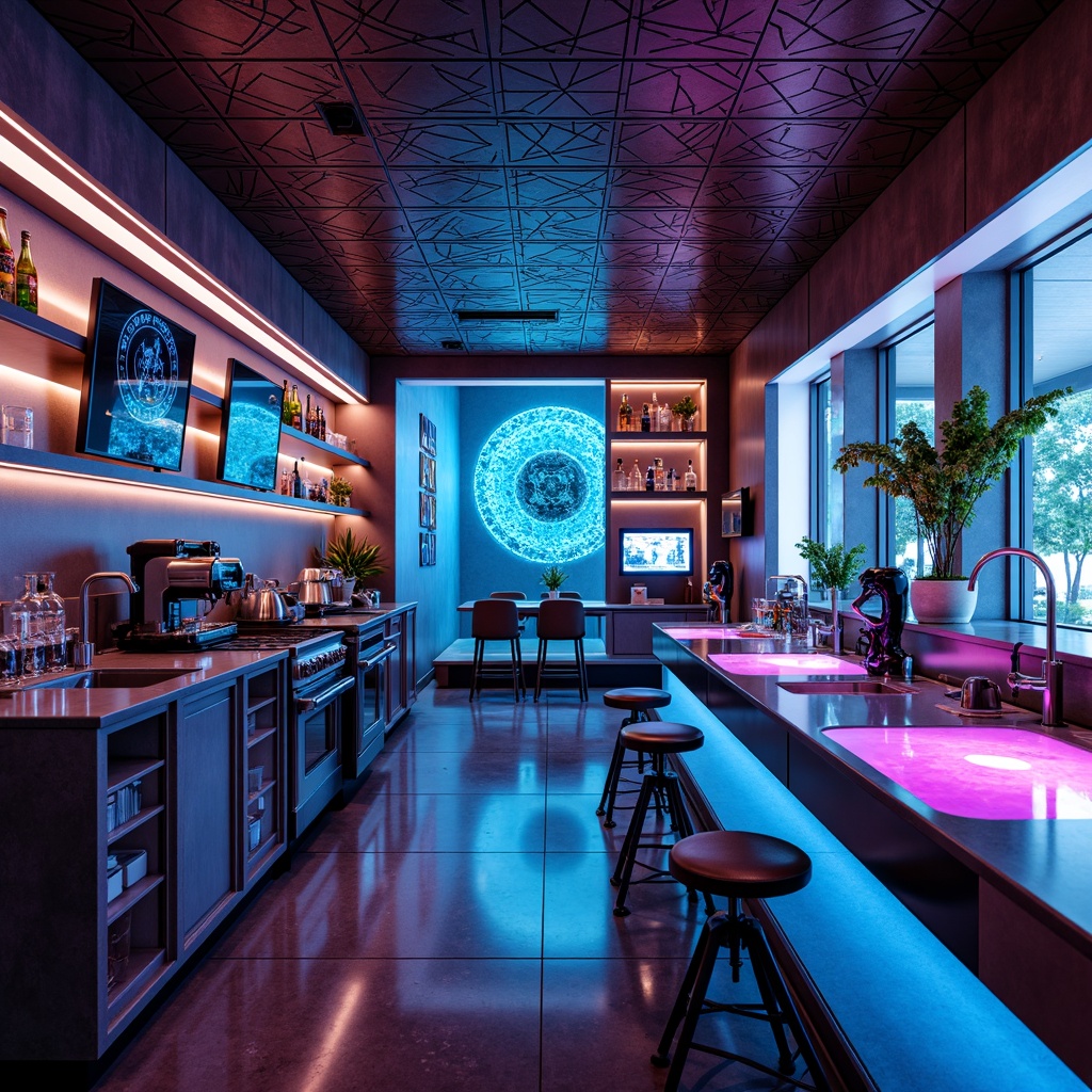 Prompt: Futuristic home bar, sleek metal countertops, neon-lit glass shelves, holographic displays, ambient LED lighting, geometric tile patterns, iridescent glazes, metallic finishes, high-gloss surfaces, minimalist decor, futuristic appliances, chrome accents, touchless faucets, automated drink dispensers, 3D-printed decorative elements, sci-fi inspired color schemes, dynamic reflections, shallow depth of field, cinematic composition.