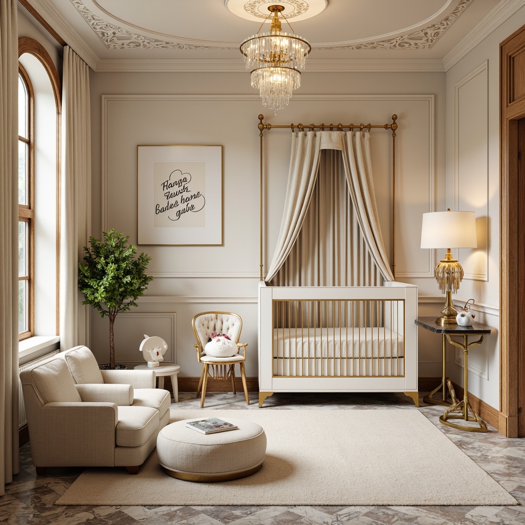 Prompt: Luxurious baby nursery, ornate Art Deco accents, creamy whites, soft pastels, plush carpets, velvet drapes, golden metal hardware, intricate geometric patterns, lavish cribs, tufted ottomans, rounded edges, curved lines, bold typography, statement lighting fixtures, crystal chandeliers, warm beige walls, rich wood tones, subtle marble textures, elegant floor lamps, cozy reading nooks, sophisticated color schemes, high-contrast photography, shallow depth of field, 1/1 composition, dramatic shadows, realistic reflections.