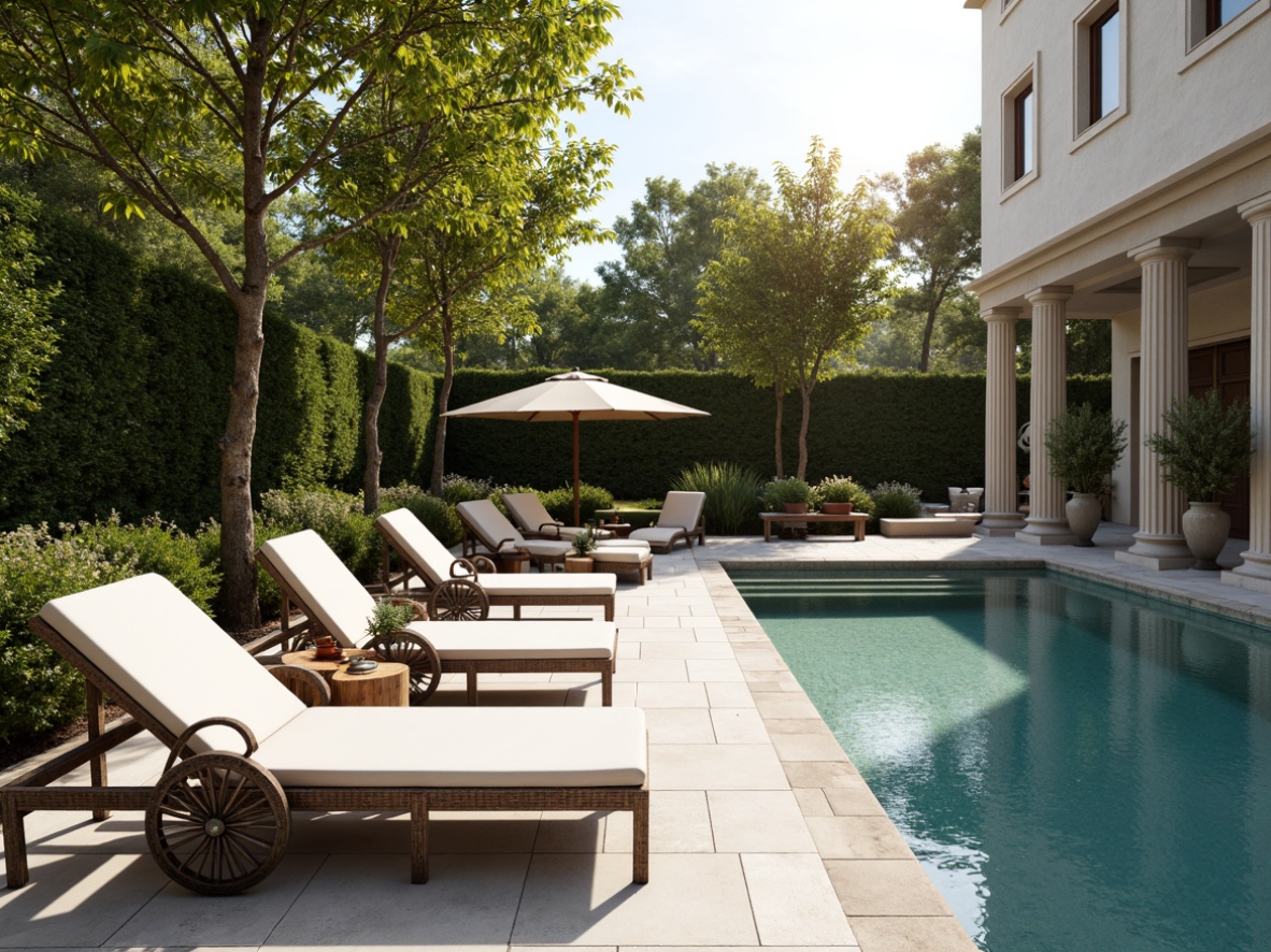 Prompt: Elegant poolside loungers, ornate cast-iron furniture, lush greenery, natural stone coping, travertine pool decks, grand Roman columns, intricately carved wooden benches, refined bronze lanterns, symmetrical hedges, classical urns, soft warm lighting, shallow depth of field, 3/4 composition, panoramic view, realistic textures, ambient occlusion.