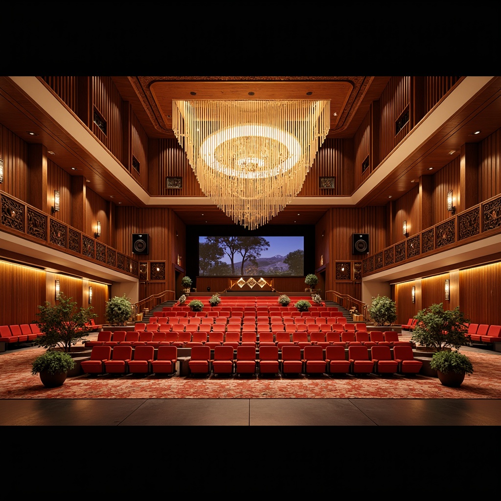 Prompt: Luxurious auditorium interior, rich wood accents, velvety soft seats, ornate metal details, grand chandeliers, sweeping staircases, plush carpeting, sophisticated sound systems, dramatic ceiling heights, opulent drapery, warm golden lighting, high-gloss finishes, intricate molding patterns, premium leather upholstery, polished marble floors, state-of-the-art projection screens, sleek minimalist lines, vibrant accent colors, 1/2 composition, cinematic atmosphere, realistic reflections.