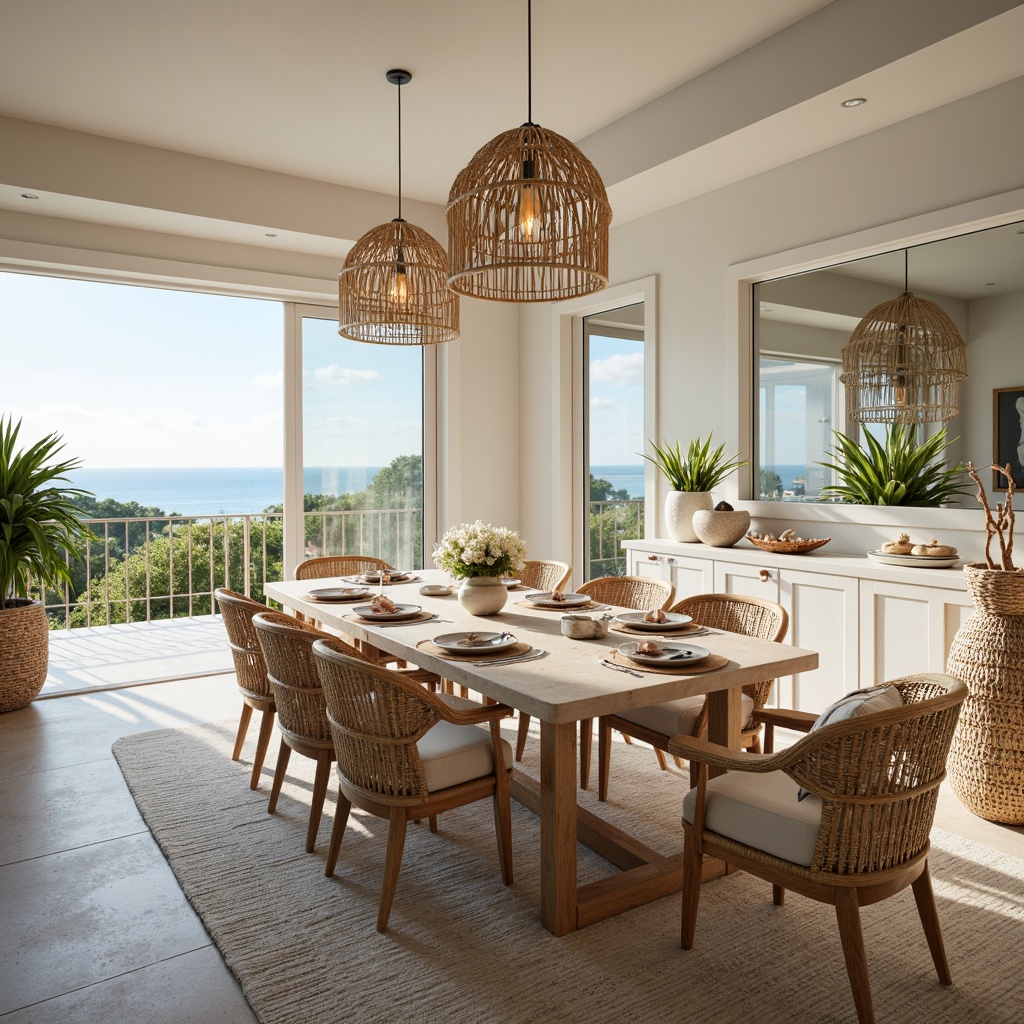 Prompt: Coastal-style dining room, soft creamy whites, calming blues, sandy neutrals, weathered wood tones, ocean-inspired greens, coral pinks, warm beige accents, natural textures, woven sea grass elements, driftwood decorations, nautical rope details, shell-adorned centerpieces, glass pendant lights, airy open spaces, floor-to-ceiling windows, sliding glass doors, beachy vibe, relaxed ambiance, warm sunny lighting, shallow depth of field, 2/3 composition, harmonious color balance.