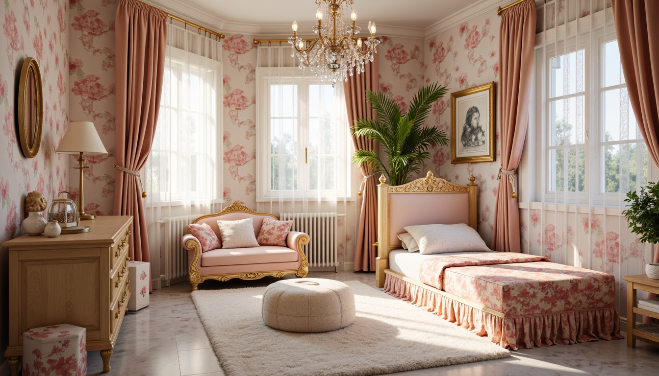 Prompt: Whimsical kids' room, ornate rococo decorations, delicate floral patterns, soft pastel colors, plush velvet fabrics, intricately carved wooden furniture, golden accents, crystal chandeliers, sheer lace curtains, dainty porcelain vases, playful toy storage, fluffy area rugs, creamy marble floors, natural light pouring in, warm cozy ambiance, shallow depth of field, 1/1 composition, soft focus effect, vibrant colorful textures.