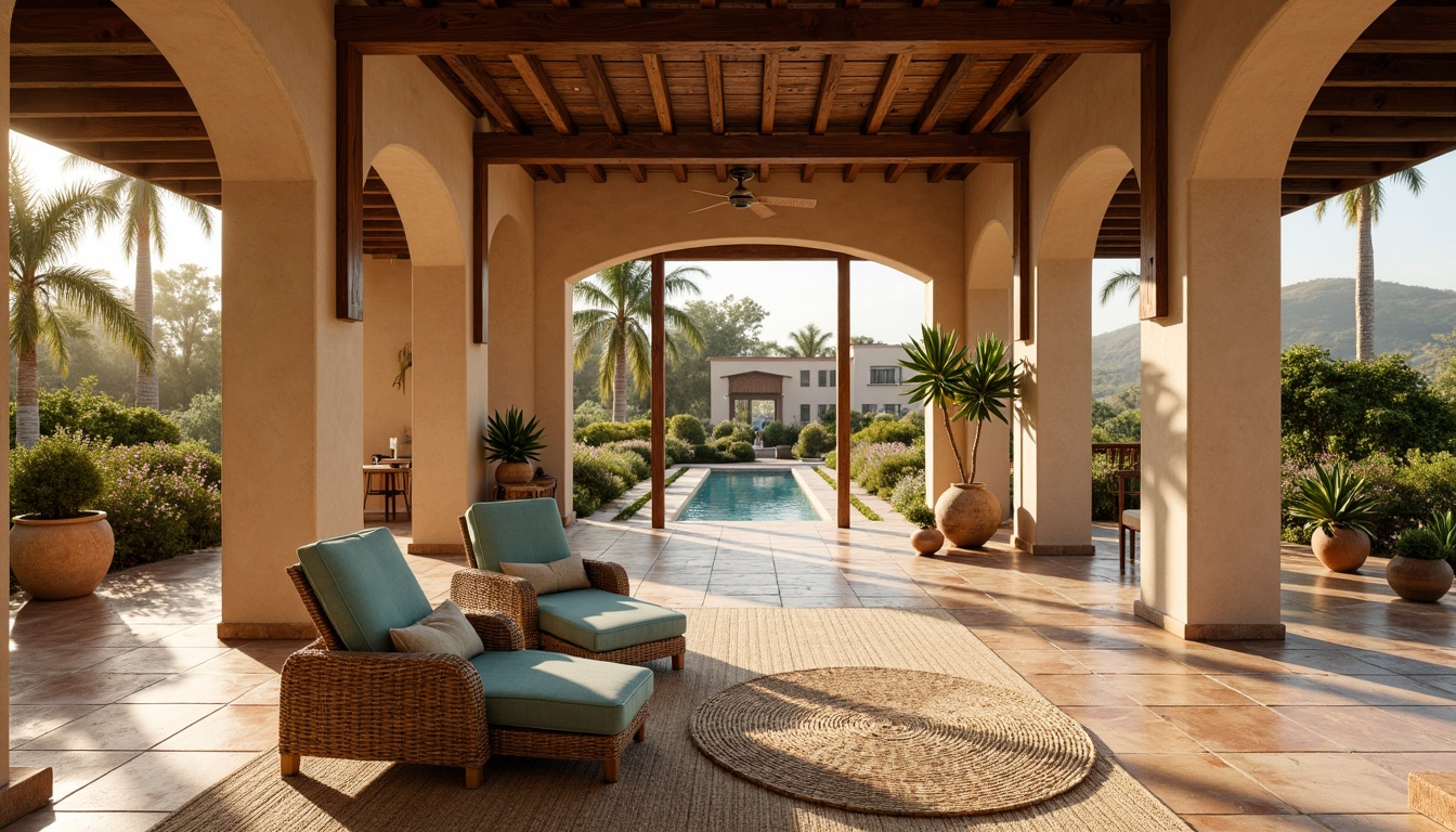 Prompt: Warm Mediterranean villa, terracotta tiles, rustic stone floors, creamy marble surfaces, distressed wood planks, woven wicker mats, soft plush rugs, turquoise accents, natural textiles, earthy color palette, warm golden lighting, shallow depth of field, 3/4 composition, panoramic view, realistic textures, ambient occlusion.