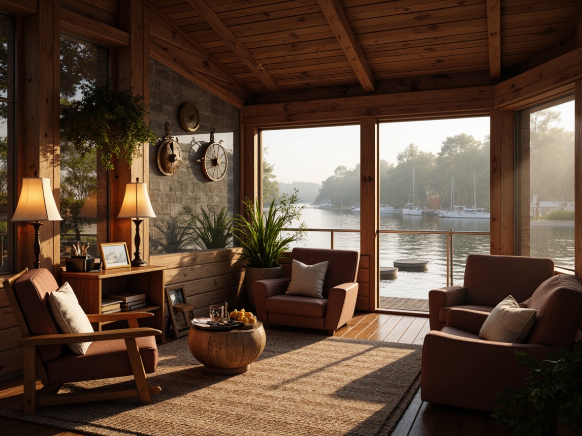 Prompt: Warm boathouse interior, rustic wooden accents, soft warm lighting, table lamps, pendant lights, cozy atmosphere, lake views, water reflections, natural stone walls, wooden docks, sailboat decorations, nautical elements, rope textures, distressed wood finishes, vintage navigation instruments, comfortable seating areas, plush throw blankets, morning sunlight, gentle misty ambiance, shallow depth of field, 2/3 composition.