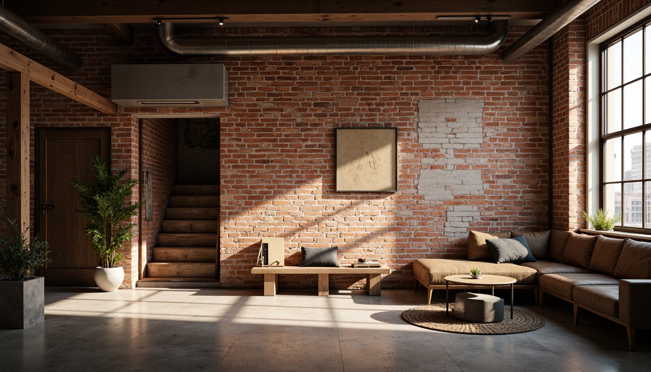 Prompt: Rustic brick walls, worn mortar joints, distressed textures, earthy color palette, industrial-chic aesthetic, urban loft atmosphere, exposed ductwork, metal beams, reclaimed wood accents, natural light pouring in, warm softbox lighting, shallow depth of field, 1/2 composition, cinematic mood, gritty realistic details, subtle ambient occlusion.