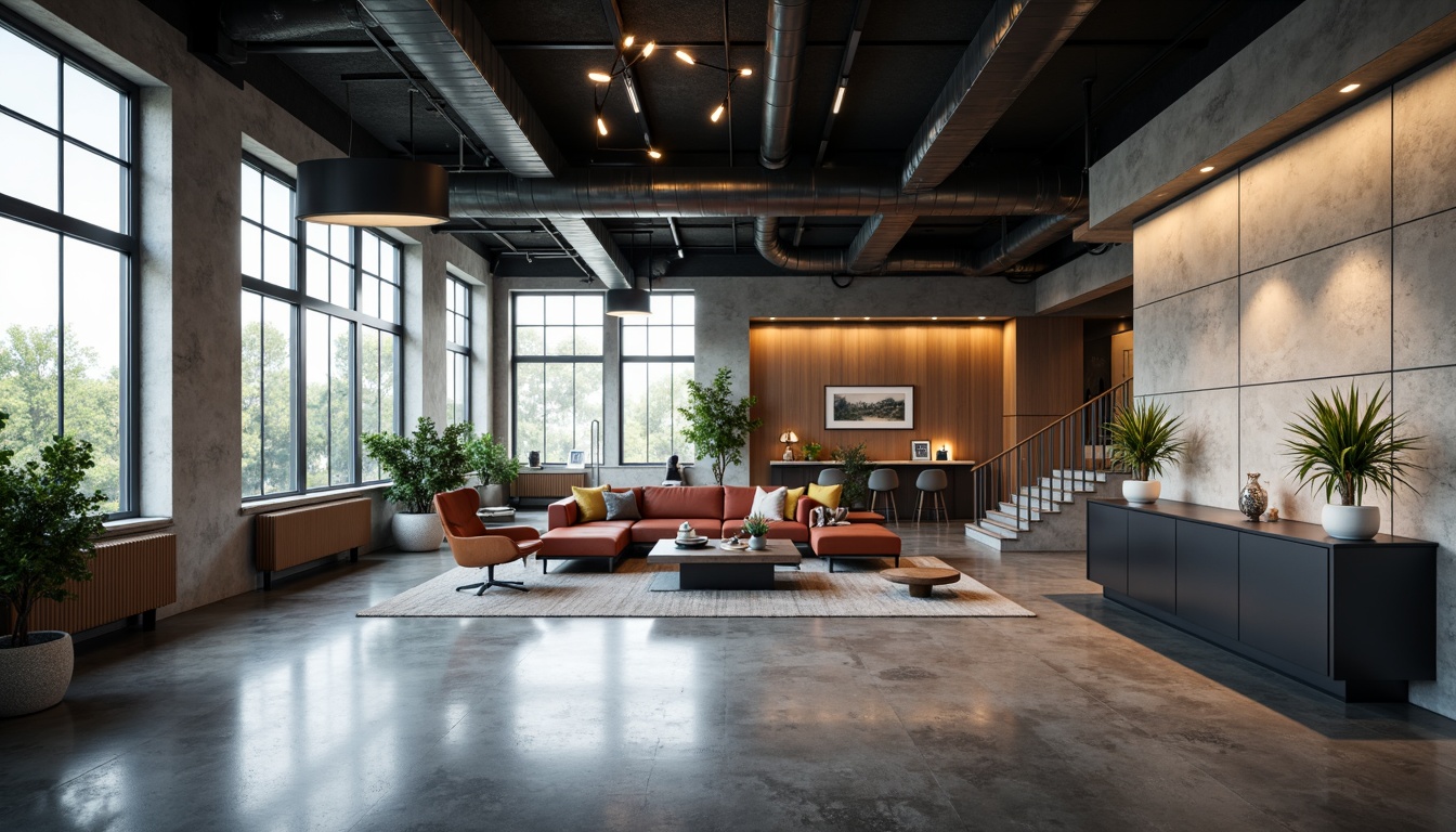 Prompt: Minimalist interior, sleek lines, industrial chic decor, polished concrete floors, exposed ductwork, modern furniture, floor-to-ceiling windows, natural daylight, ambient warm lighting, recessed LED lights, pendant lamps, matte black finishes, geometric shapes, urban loft atmosphere, soft shadows, 1/1 composition, realistic textures, subtle color grading.