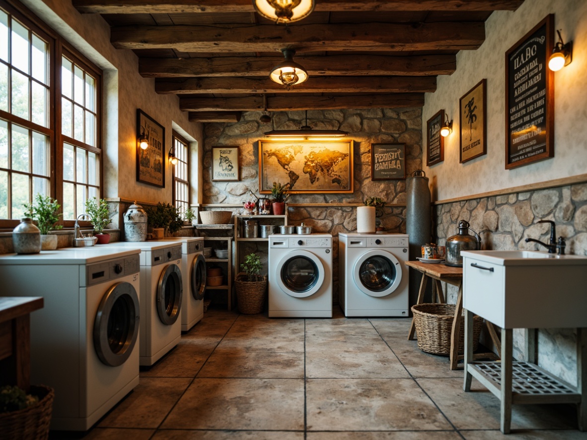 Prompt: Vintage laundry equipment, distressed metal finishes, worn wooden accents, rustic stone walls, soft warm lighting, cozy atmosphere, nostalgic color palette, creamy whites, muted blues, warm beige tones, natural fabrics, woven baskets, decorative tin signs, antique washing machines, ornate ironwork, soft focus, shallow depth of field, 1/1 composition, intimate view, realistic textures.