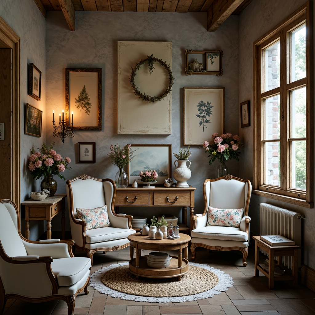 Prompt: Distressed wooden frames, vintage ornaments, soft pastel colors, floral patterns, lace textures, rustic metal accents, antique furniture pieces, distressed brick walls, natural stone floors, warm candlelight, cozy atmosphere, 3/4 composition, shallow depth of field, warm color palette, nostalgic feel, European-inspired decor.