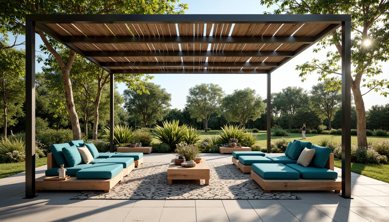 Prompt: Minimalist open-air pavilion, sleek metal framework, reclaimed wood accents, plush outdoor furniture, vibrant turquoise cushions, geometric-patterned rugs, natural stone flooring, lush greenery surroundings, warm sunny day, soft diffused lighting, shallow depth of field, 3/4 composition, panoramic view, realistic textures, ambient occlusion.